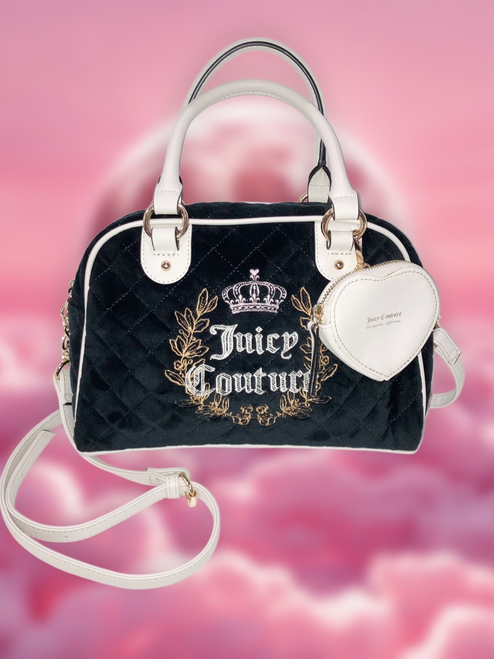 Juicy Couture Royal Moment Bowler Bag Liquorice Black Crystal Quilted Velvet